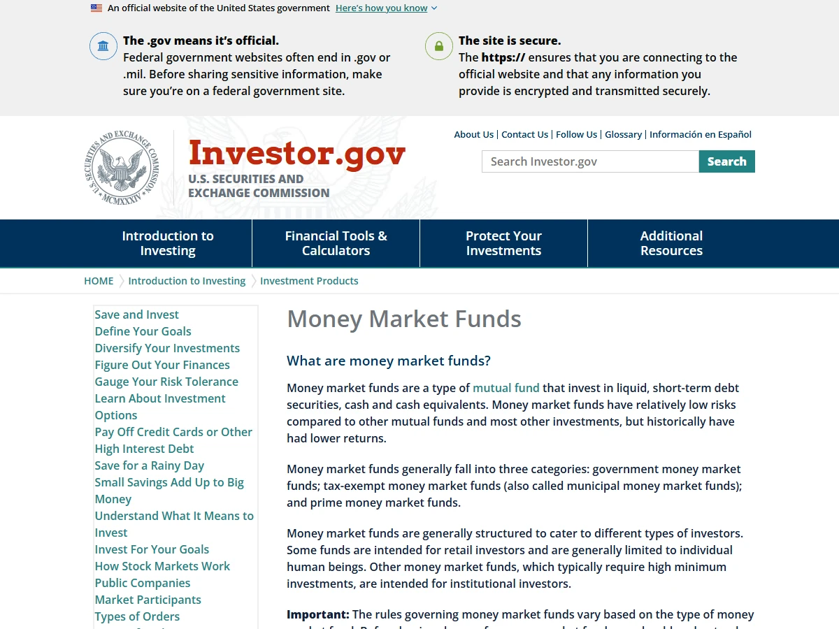 美国证券交易委员会投资者教育网站 Investor.gov 上货币市场基金说明页的开头部分