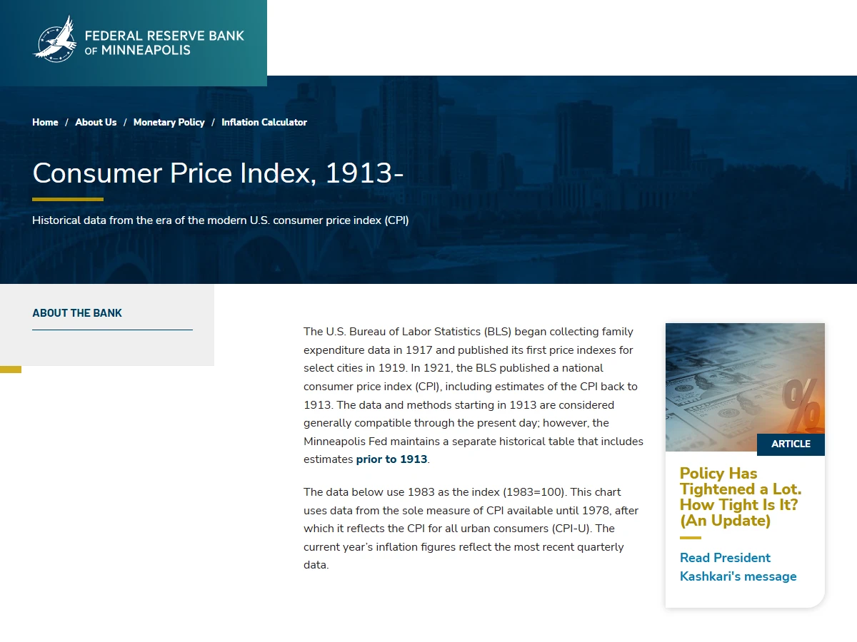 明尼阿波利斯联储网站 Consumer Price Index, 1913- 页面开头,说明数据来自美国劳工统计局,1978 年后采用城市居民消费价格指数