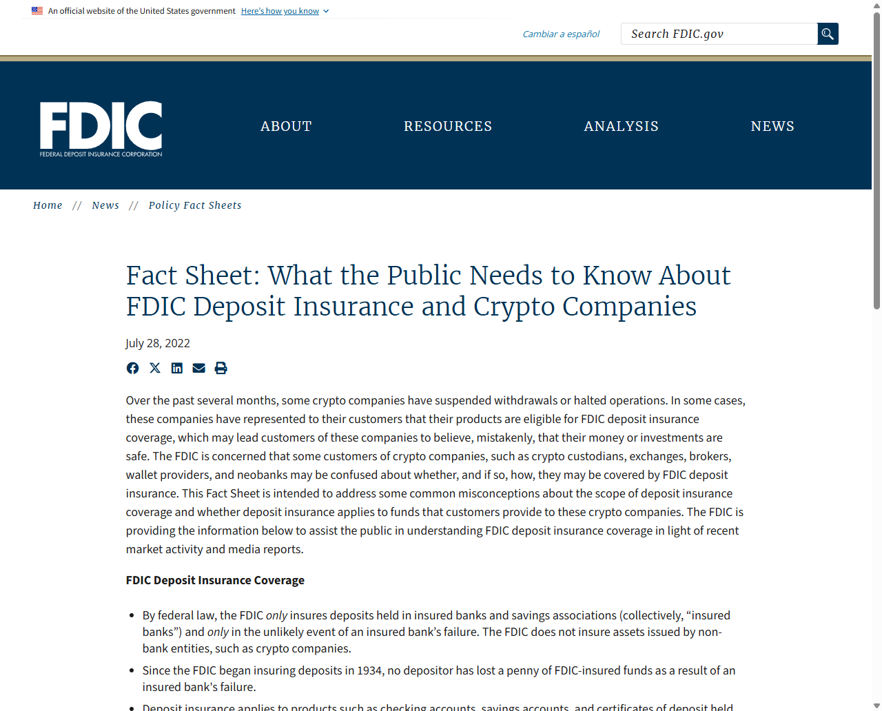 FDIC 关于存款保险与加密资产公司的事实说明网页