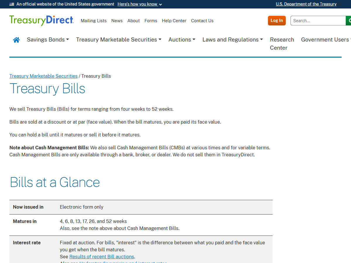 TreasuryDirect 网站 Treasury Bills 页面，写着国库券期限从 4 周到 52 周、折价或按面值发行、到期按面值兑付