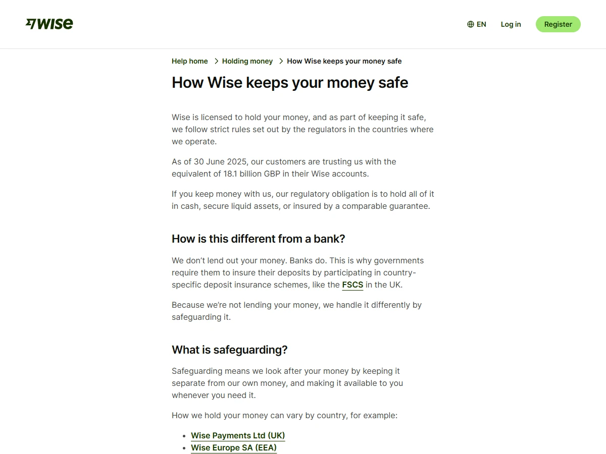 Wise 帮助中心 How Wise keeps your money safe 页面开头，说明它不借出客户资金，用保管隔离代替存款保险